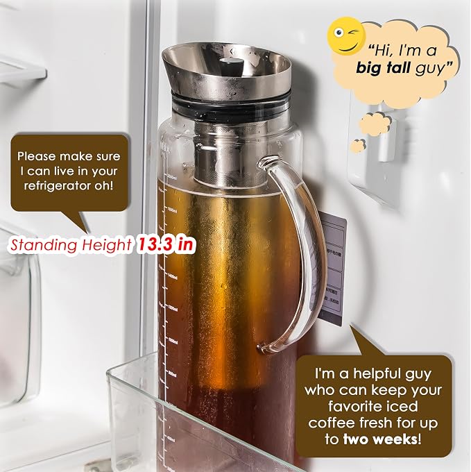 Aquach 68oz Cold Brew Coffee Maker, Extra Tall Glass Pitcher for Iced Tea | Dishwasher Safe, Borosilicate Glass, Up to 2 Weeks Fresh Aroma, 304 Stainless Filter, Office & Home
