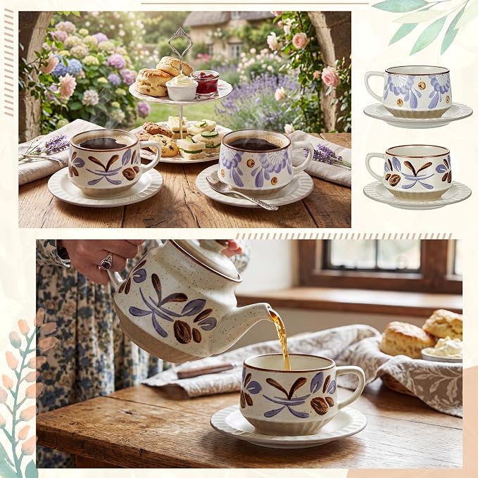 LemonRoad Vintage Tea Cup and Saucer Set of 2, 10oz Porcelain Coffee Mugs with Saucer for Latte Mocha Cappuccino Ceramic Teacups for Housewarming Wedding Gifts Kitchen Table Decor