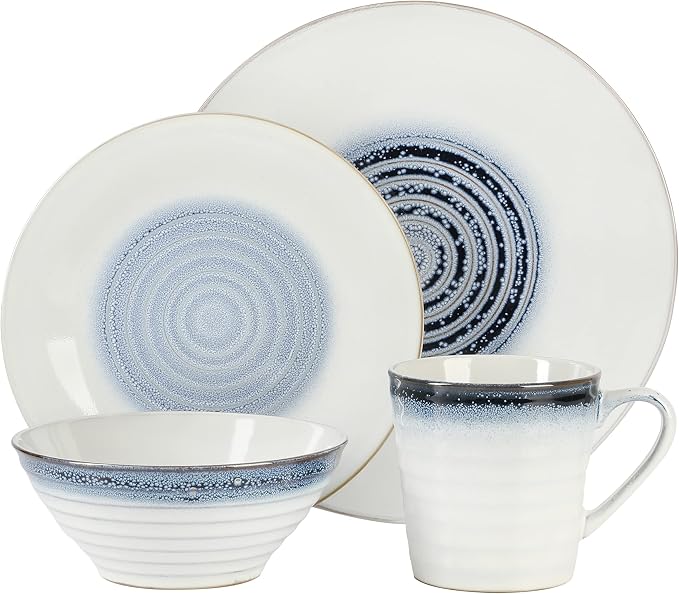 Gibson Elite Spiral Reactive Embossed Dinnerware Set - Blue, Service for Four (16pcs)