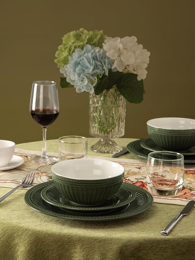 Famiware Garden 12-Piece Embossed Plates and Bowls Sets, Stoneware Reactive Glaze Dishes Dinnerware Set, Modern Rustic, Chip & Scratch Resistant, Microwave & Dishwasher Safe, Service for 4, Dark Green