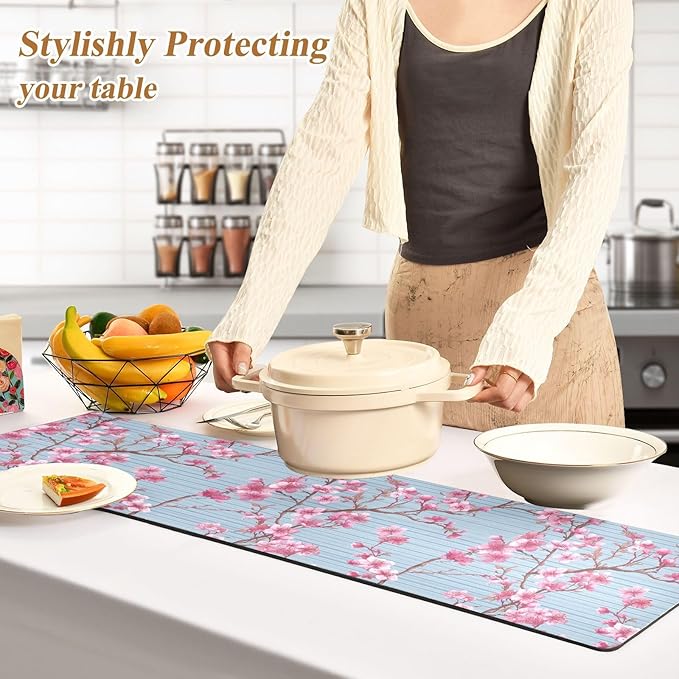 2-in-1 Table Runner Trivet for Hot Dishes Heat Resistant Hot Plate Mat Pad 39x12 Inch Waterproof Table Protector Trivets for Countertop Non Slip Decorative Blue Stripes Cherry Blossom