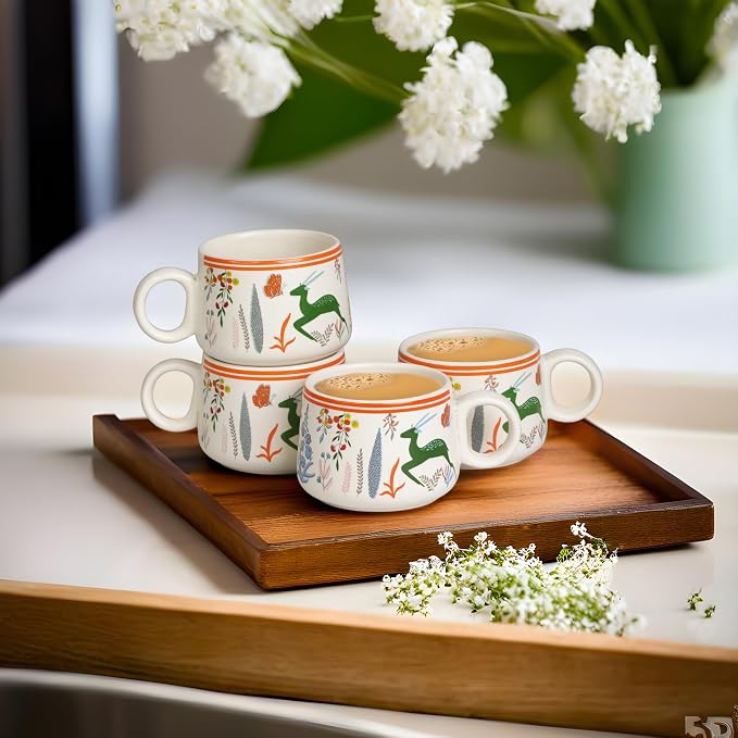 Servo Best Handmade Cermaic Tea Cup Set of 4-5 Oz Small Cups for Espresso, Cappuccino, Tea, Chai – Dishwasher & Microwave Safe – Gift Set for Coffee Lovers, Kitchen, Home, Office - Multicolor Jungle