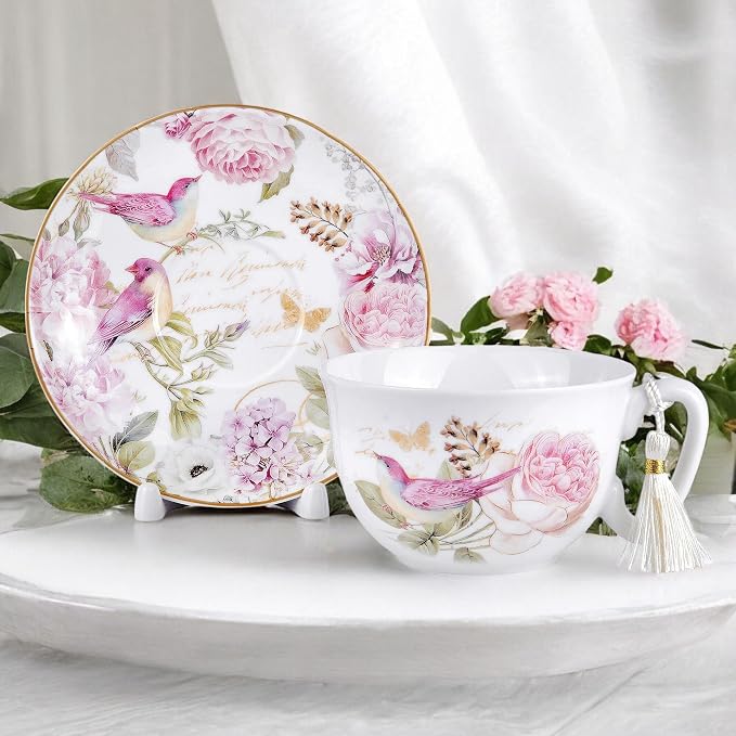 STP GOODS Bone China Tea/Coffee Cup and Saucer in Gift Box Fine Set of One (Birds in Rose Garden)