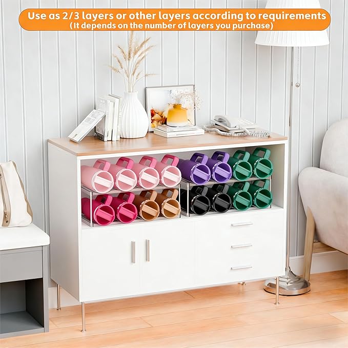 Stackable Water Bottle Organizer for Cabinet,4 Tier Water Bottle Holder for Stanley Yeti 40 oz Bottle Shelf,Clear Tumbler Storage Organizer,Wine Rack,Cup Organizer for Kitchen Cabinets Counter Pantry