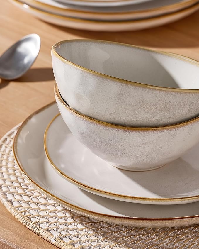 Famiware Dinnerware Sets for 8, Ocean Round 24-Piece Kitchen Plates and Bowls Sets, Reactive Glaze, Microwave and Dishwasher Safe, Scratch Resistant, Cappuccino White