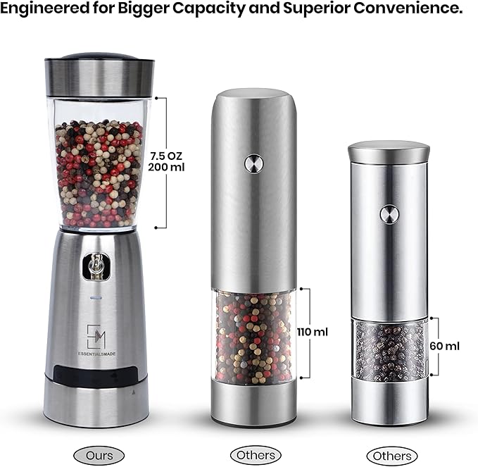 Electric Salt and Pepper Grinder Set – Rechargeable Stainless Steel Mills – Upgraded 800mAh Battery, Large 200ml Capacity, & 5 Adjustable Coarseness Levels – Kitchen Seasoning Tools