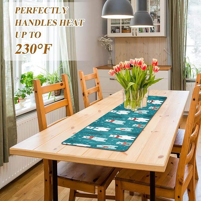 2-in-1 Table Runner Trivet for Hot Dishes Heat Resistant Hot Plate Mat Pad 39x12 Inch Waterproof Table Protector Trivets for Countertop Non Slip Decorative Winter Bears Trees Snowflake Teal