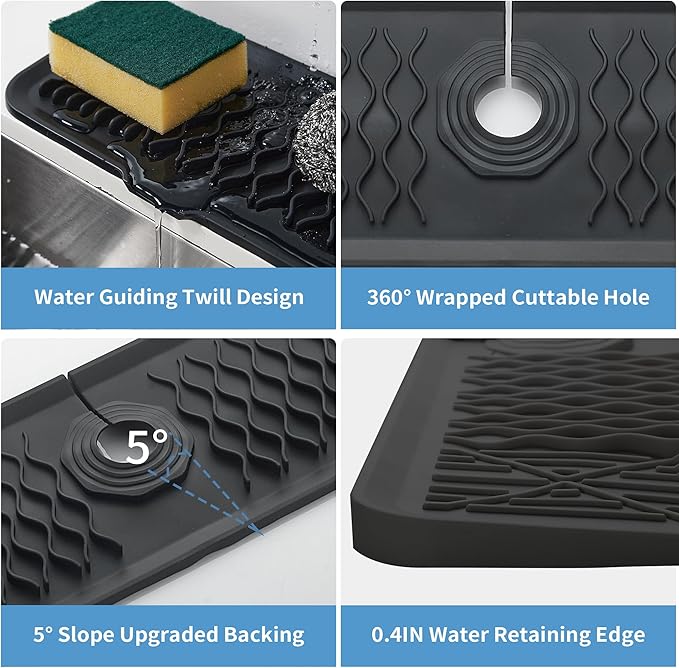 24 inch Silicone Faucet Splash Guard Black Kitchen Sink Mat Dish Drying Mats Sponge Holder and Bathroom Countertop Protect Kitchen Sink Splatter Screen Faucet Air Drying Mat Drip Catcher Tray