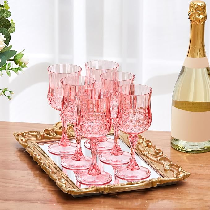 Pinkunn 6 Pcs 7 oz Plastic Vintage Wine Glasses Reusable Colored Goblets Patterned Drinking Water Glasses Cup Dishwasher Safe for Mother's Day Wedding Reception Party Supplies (Pink)