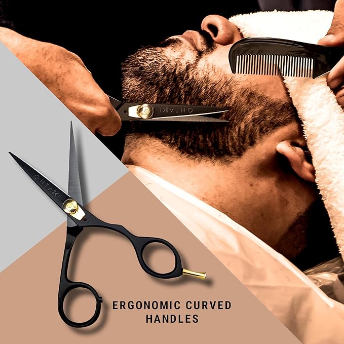 Ontaki Beard & Mustache Scissors for Men - 5.5" Japanese Steel, Black - Precision Sharp Blades, Ergonomic Finger Rest & Adjustable Tension Screw for Perfect Trimming - Beard Scissors for Men