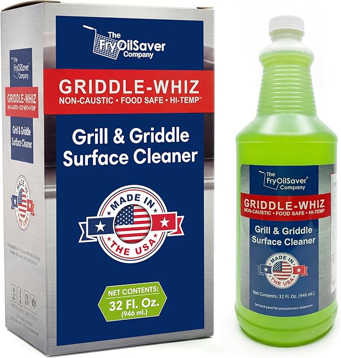 Griddle-Whiz Grill & Griddle Cleaner | Removes Grease, Food Residue, Burnt On Organics | Non-Toxic High Heat Flat Top Grill Cleaner & Food Contact Surface | Non-Caustic Formula by FryOilSaver (32oz)