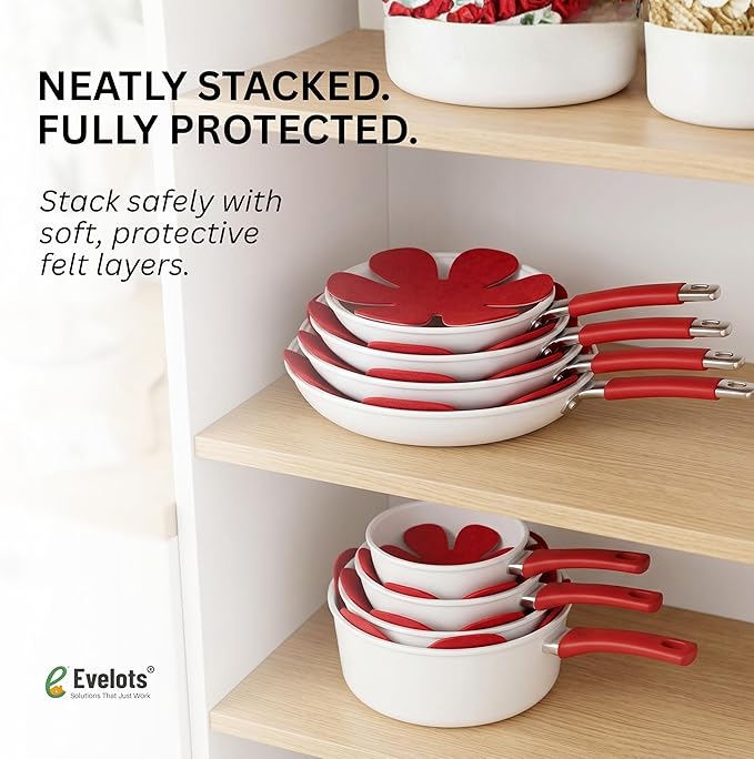 Evelots Pot and Pan Scratch Protectors for Stacking -12 Pack- Ceramic, Glass Cookware Divider, Nonstick Pad -Soft Anti-Slip Felt Separator - No Scratching or Marring When Stacking - 3 Convenient Sizes
