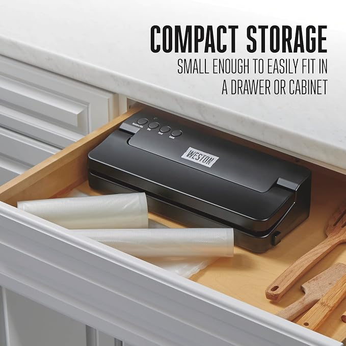 Weston Compact Vacuum Sealer Machine For Food With Powerful 23” Hg Pump | For Bags Up To 11” Wide | 100 Watts | Corner Guides for Easy Align | Intuitive Controls + Pulse Function | Black | 65-2061-W