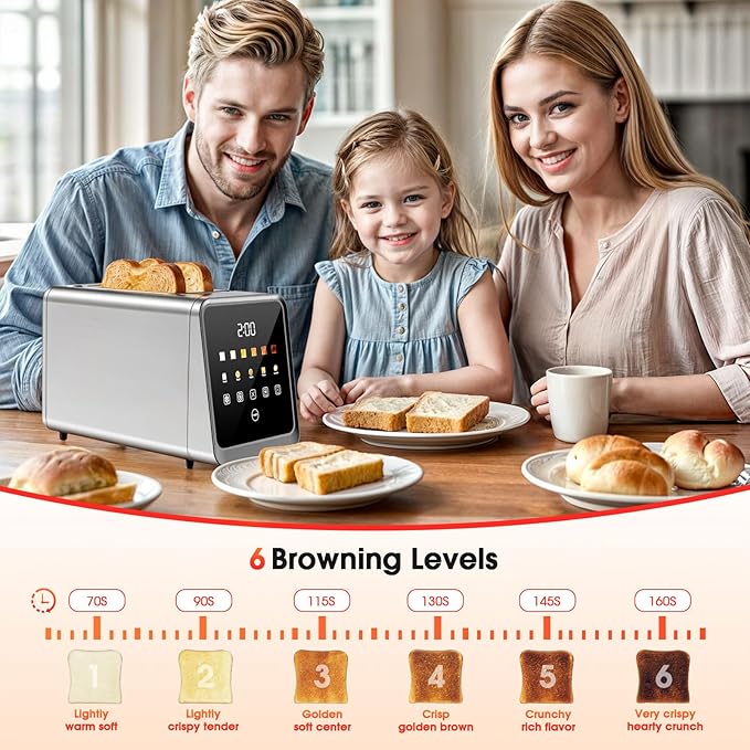 Toaster 2 Slice with Touchscreen, 1.5" Wide Slots & Memory Recall | 900W Stainless Steel Smart Digital Toasters | 6 Shade Settings for Bagels & Thick Bread | Defrost Reheat Single-Slice Mode