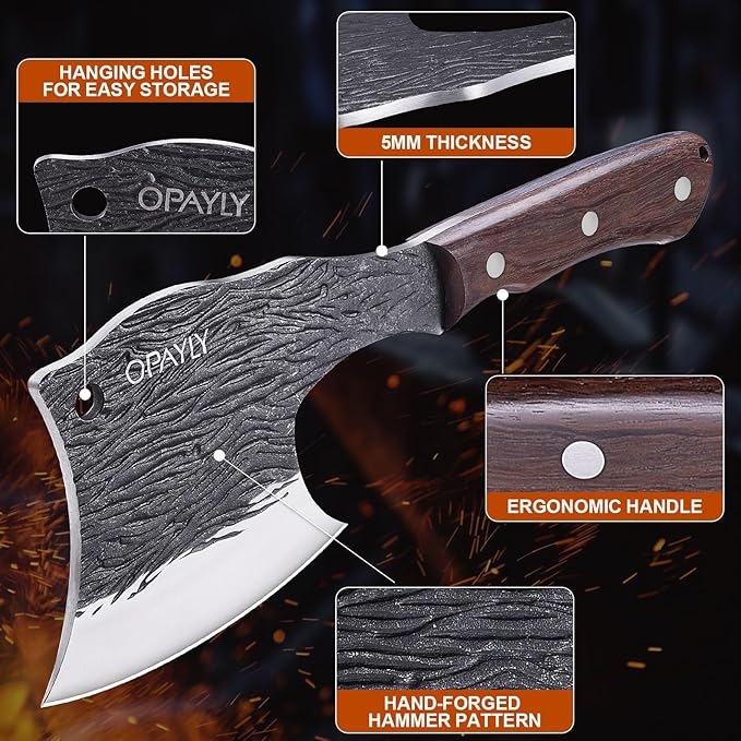 OPAYLY Heavy-Duty Bone Chopper Knife Hand Forged Meat Cutting with Cover Meat Bone Cleaver Knife High Carbon meat knife for Kitchen Outdoor Camping BBQ men gifts