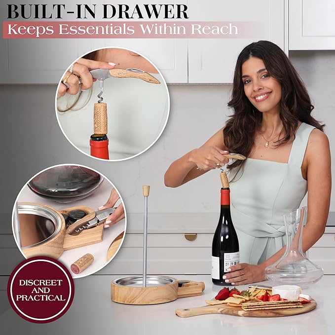 Gusto Nostro Crystal Wine Decanter Set with Drying Stand, Corkscrew, Marble Stopper, Cleaning Beads - 750ml Hand Blown Glass Wine Carafe Decanter with Stopper - Luxury Gift Set for Decanting Red Wines