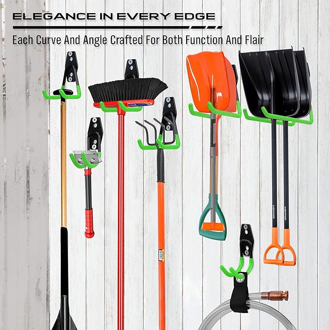 15-Piece Garage Wall Hooks with 3 Extension Straps, Green Heavy Duty Tool Storage Rack for Ladder, Bike, Shovel, Garden Tools, Metal Wall Mount Organizer Set