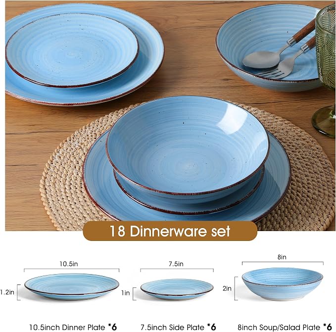 Dinnerware Sets for 6, 18 Piece Plates and Bowls Sets, Stoneware Dishware Sets Kitchen, Scratch Resistant Dishes, Microwave & Dishwasher Safe (Blue, Service for 6(18PCS))