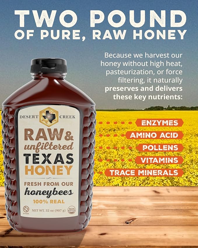 Desert Creek Honey - 100% Unfiltered, Pure, Raw Honey from Texas - Natural Sugar Substitute - Two Pounds of Unprocessed, Unpasteurized American Honey - Harvested by Our Own Beekeepers