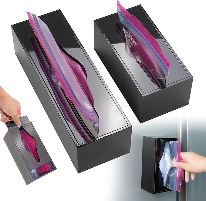 LUVCOSY Acrylic Food Bag Storage Organizer Magnetic Fridge Attachment Compatible with Ziploc Sandwich/Snack/Grip'n Seal Quart/1 Gallon, Dispenser for Ziploc Bags, Kitchen Organization, 2 Packs