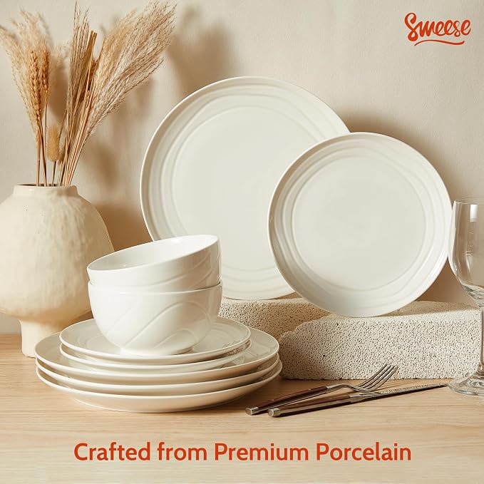 Sweese Porcelain Dinnerware Sets for 6, 18 Pieces Plates and Bowls Sets, Handcrafted Minimalist Dinner Set, Chip and Scratch Resistant Dish Set, Dishwasher & Microwave Safe, White