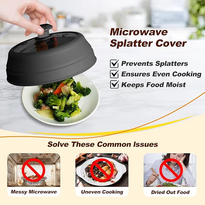 Microwave Splatter cover, Glass Microwave Cover for Food, 10.8 inch Guard Lid with Collapsible Silicone for 6-10 inch Plates & Bowls, Dishwasher Safe, 450°F Heat Resistant, BPA-Free, Black