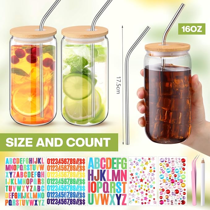 16 Pcs Plastic Cups with Lids and Straws Acrylic Mason Jars with Bamboo Lids Mason Jar tumblers with Sticker and Diamond for DIY Decorate Mugs Drinking for Water Beverage Beer (16 oz,Clear)
