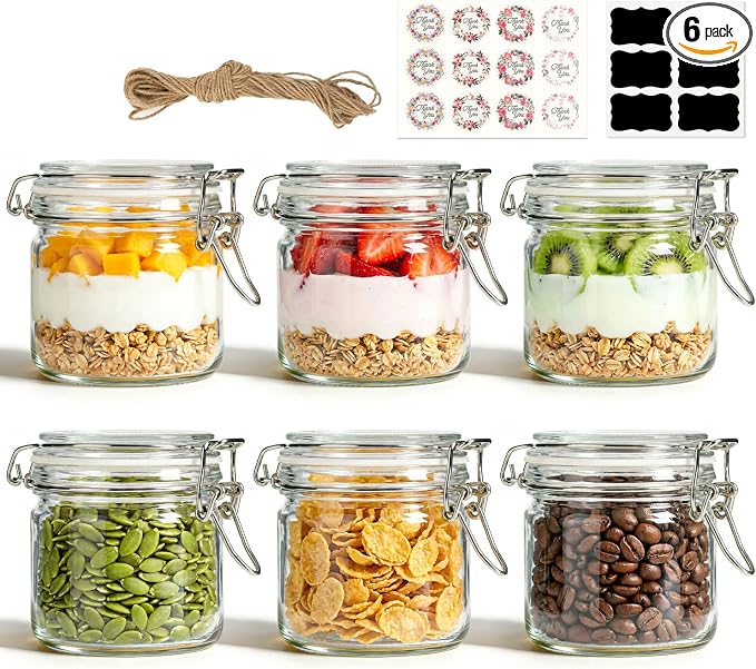 17oz Overnight Oats Containers, Glass Jars with Airtight Lids（Set of 6）,3.3in Wide Mouth Straight-Sided Canisters with Gift Labels & Hemp Rope for Meal Prep, Dry Food Storage & On-the-Go
