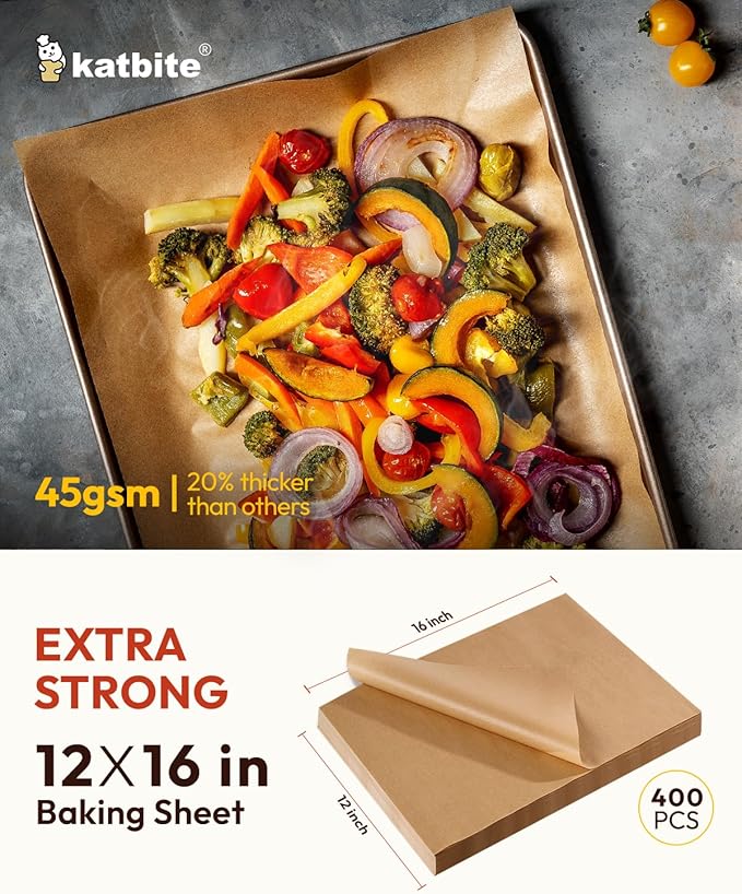 Katbite 400PCS Unbleached Parchment Paper Sheets, 12 x 16 IN Pre-Cut Baking Parchment, Extra Strong, Heavy Duty Non-Stick Baking Paper for Half Sheet Cookie Bread Cake Pans, Grilling Meat Pizza,Oven