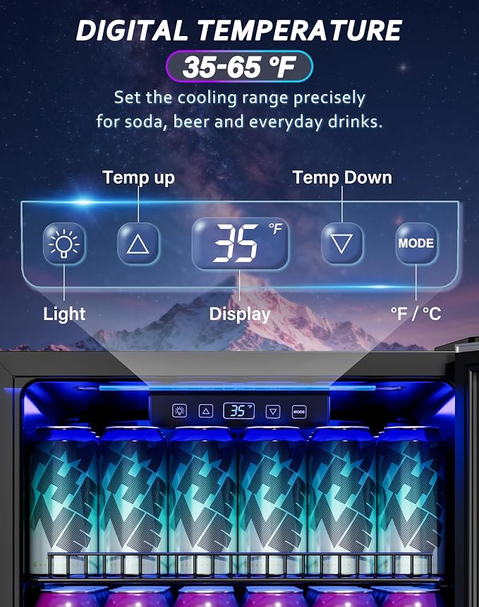 Tehanld 3.2 Cu.Ft Beverage Refrigerator, 130 Can Freestanding Drink Fridge with Glass Door and LED Light, Digital Temperature Control 35-65°F, Fan Cooling, Adjustable Shelves for Soda, Beer, Wine