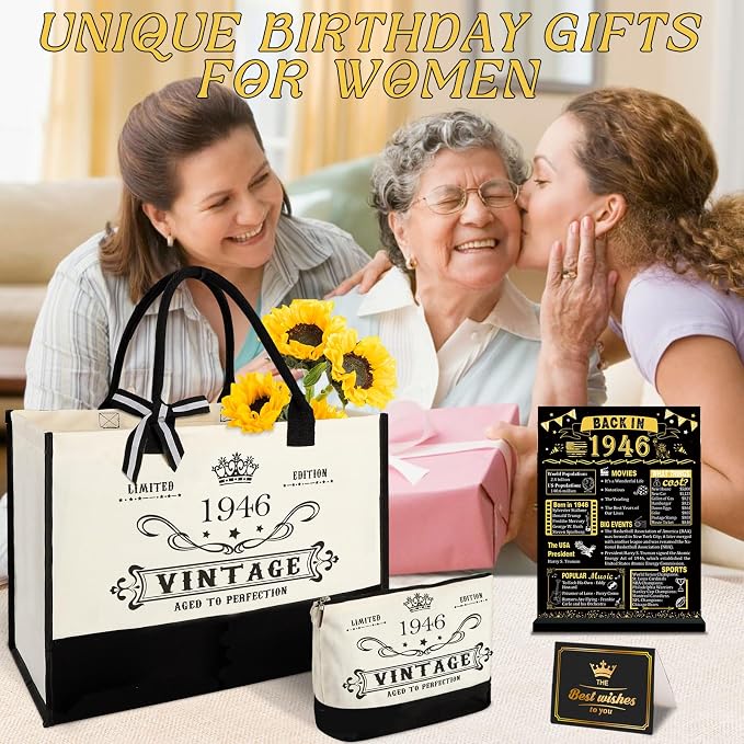 YeohJoy 80th Birthday Gifts for Women Canvas Tote Bag Travel Gear, Unique 80 Years Old Birthday Gifts for Mom Wife Aunt Friends Her, Vintage 1946 Handbag & Cosmetic Bag & Back in 1946 Poster