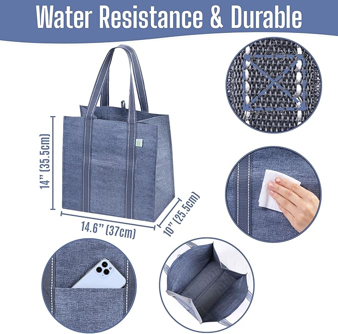 VENO 4 Pack Reusable Grocery Bags, Heavy-Duty Shopping Bags with Handles, Bags for Shopping Cart with Hard Bottom to Stand Upright, Foldable, Multi-Purpose(Gray, 4 Pack)