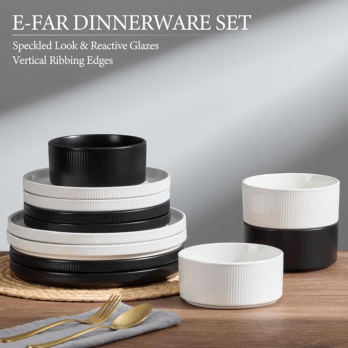 E-far 12-Piece Plates and Bowls Sets, Stoneware Dinnerware Dishes Sets for 4, Chip & Scratch Resistant Ribbed Dish Set for Home Restaurant, Microwave & Dishwasher Safe Speckled White & Matte Black