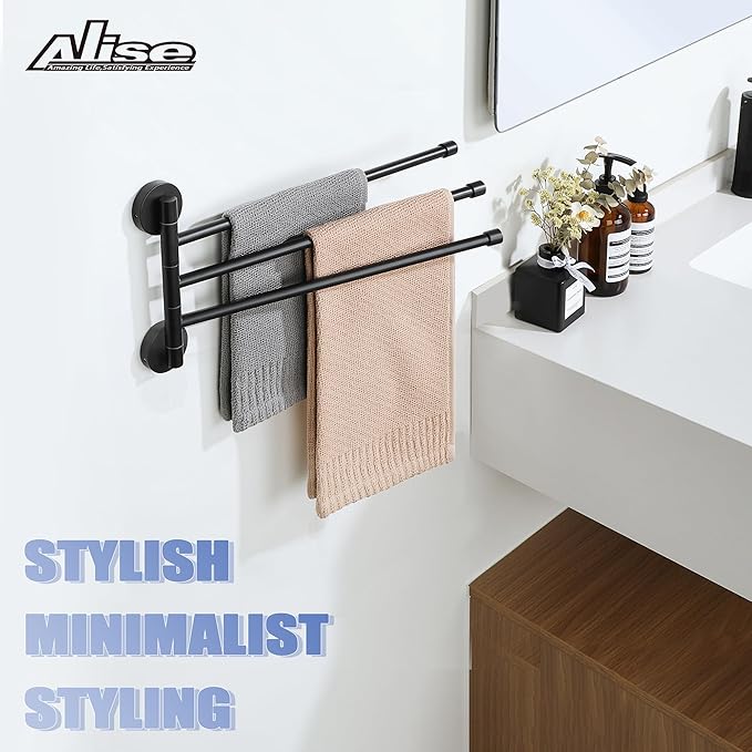 Alise Swivel Towel Rack,Folding 3 Arms Hand Towel Bars Towel Hanger for Bathroom,Wall Mount Drying Racks for Laundry,SUS304 Stainless Steel Swing Out Towel Holder Storage Space Saving,Matte Black