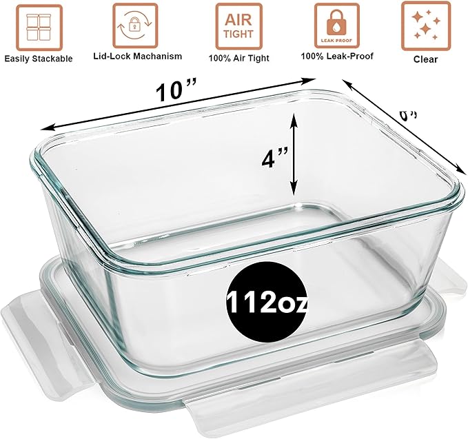 Razab Loaf Pan Set of 2 + 3300 ml / 112 Oz Large Glass Food Storage Containers with Lids, Airtight Large Glass Meal Prep Containers Reusable Leak Proof & BPA Free