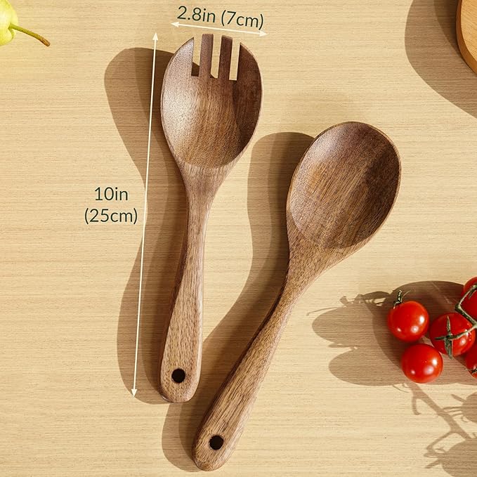 NiHome Extra Large Glass Salad Bowl with Natural Acacia Wood Base & Wooden Serving Utensils for Family Dinners, Parties, Gatherings, Multipurpose Oversized Glass Bowl for Salads(Separate-Piece Design)