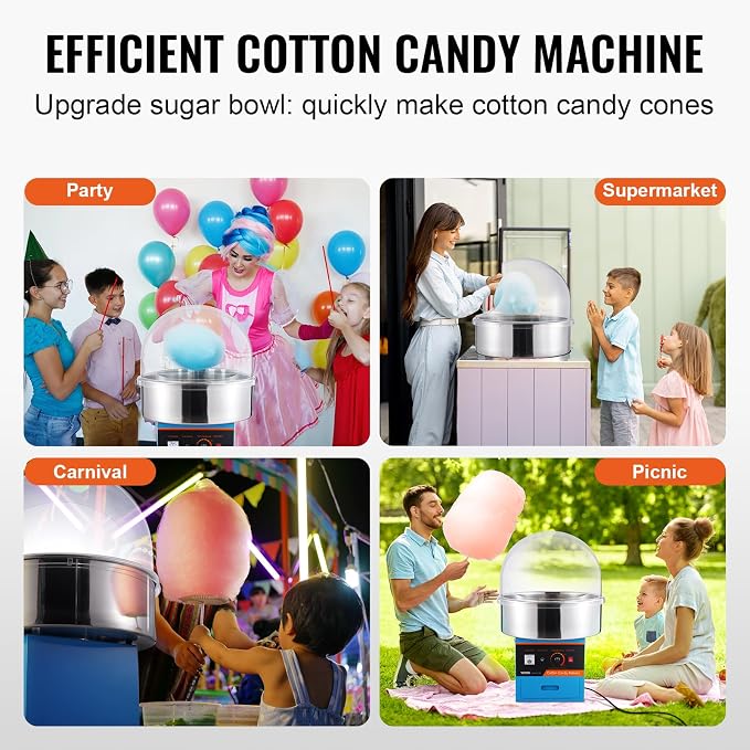 VEVOR Electric Cotton Candy Machine with Cover, 1000W Commercial Floss Maker w/Stainless Steel Bowl, Sugar Scoop and Drawer, Perfect for Home, Carnival, Kids Birthday, Family Party, Blue