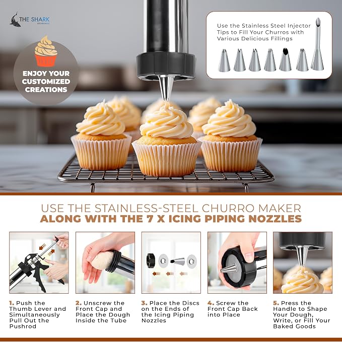 Churro Maker Machine & Spritz Cookie Press Gun Kit – 304 Stainless Steel, Easy to Clean & Large Capacity – Make Authentic Churros & Cookies at Home – Ideal Baking Tool for Families, Chefs & Beginners