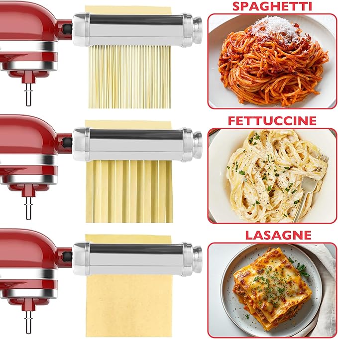 Wiselet Stainless Steel 3 In 1 Pasta Maker Attachment for KitchenAid Stand Mixer, Included Pasta Sheet Roller Spaghetti and Fettucine Cutter, Heavy Duty Sturdy and Durable