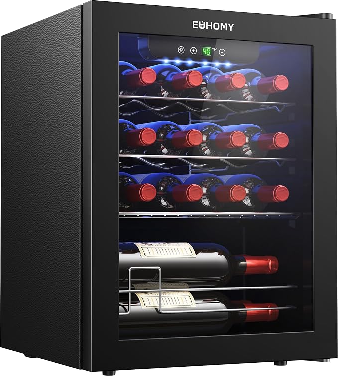 EUHOMY 16 Bottle Wine Cooler Refrigerator, Compressor Wine Fridge with Glass Door, Freestanding Wine Cellar with Digital Temp Control & LED Light for Red White Wine Beer Home Bar Office, 1.7 Cu.Ft