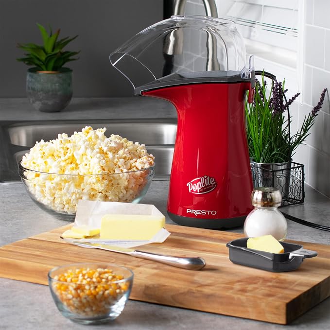 Presto 04863 Poplite Hot Air Popcorn Popper - Built-In Measuring Cup + Melts Butter,Easy to Clean,Built-In Cord Wrap,18 Cups,Red,(Pack of 2)