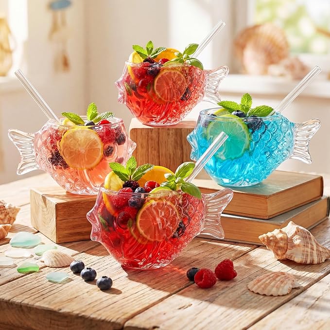 4 Set Fish Tiki Glasses, 11.8 oz Creative Fish Cocktail Glasses with Straws Clear Funny Whiskey Drinks Tumbler Unique Wine Mugs for Ocean Themed Bars Beach Party Wedding Home Decor