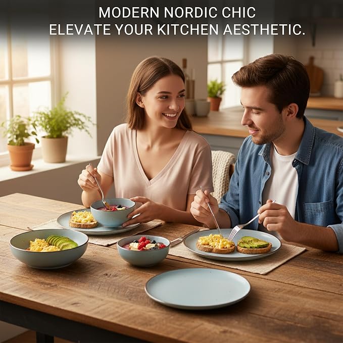 Dinner Set 16 PCS – Premium Ceramic Tableware in Blue – Includes 4 Dinner Plates, 4 Side Plates, 4 Rice Bowls & 4 Soup Bowls – Durable, Stylish & Microwave Safe