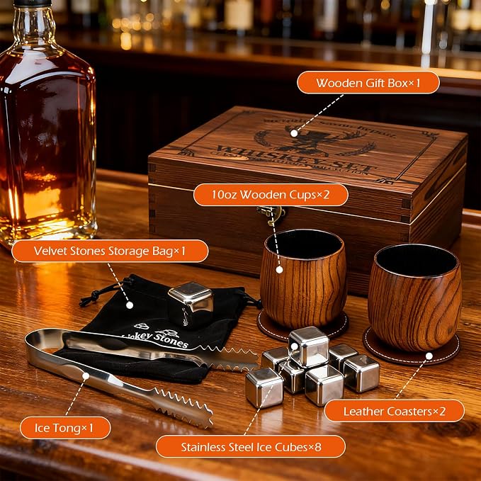 Charred Wooden Drinking Glass - Handcrafted Whiskey Gifts Set for Men, Premium Whiskey Glasses, Unbreakable Whiskey Insulated Gifts Glass for Dad, Husband, Boyfriend, Friends, Bourbon Enthusiasts