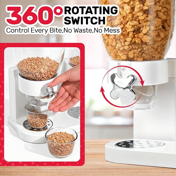 Triple Cereal Dispenser Countertop 2L, Airtight Cereal Containers Storage, Large Capacity Total 6L for Kitchen Pantry, Rotating Dry Food Dispenser for Candy, Nut, Coffee Beans, White