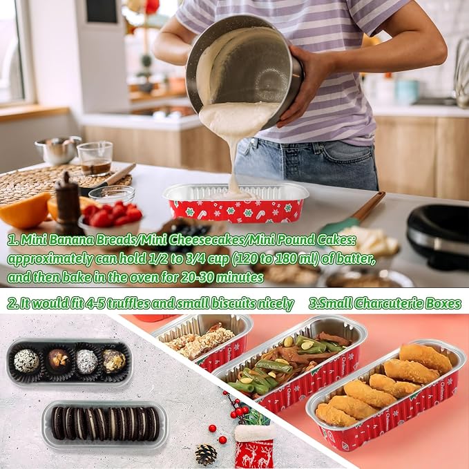 100Pack Christmas Mini Loaf Pans with Lids Mini Cake Pans with Lids and Spoons, 6.8Oz Aluminum Foil Pans Tins, Individual Dessert Cups Containers for Sales,Party,Picnics