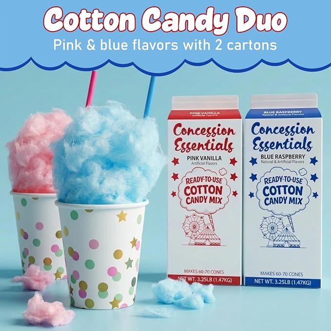 Perfectware Cotton Candy Floss Sugar – 2 Pack 3.25oz Cartons (Blue Raspberry & Pink Vanilla) – Concession Essentials Carnival Style Floss Sugar for Cotton Candy Machines – Fun Fair & Party Treats