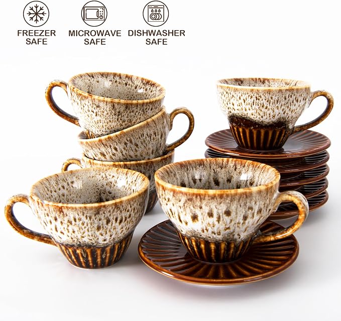2 oz Espresso Cups Set of 6, Ceramic Cappuccino Cups with Saucers, Stackable Coffee Cup for Macchiato, Single shot, Tea, Coffee Lover Gifts, Glazed White