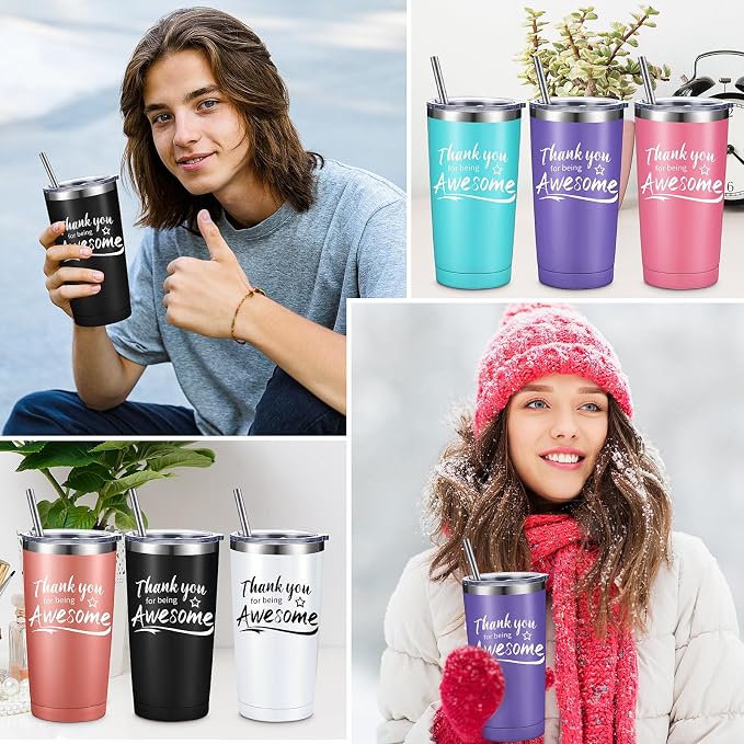 Sieral 60 Pieces Thank You for Being Awesome Tumbler, Thank You Supplies for Women Men 20oz Insulated Stainless Steel Travel Tumbler with Lid and Straw Appreciation Gift with Keychain (Fresh Color)