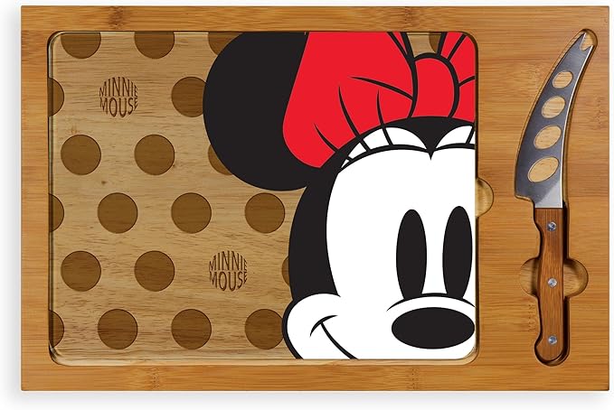 PICNIC TIME Disney Minnie Mouse Icon Glass Top Cheese Board and Knife Set, Charcuterie Serving Tray, Removable Tempered Glass, Parawood and Bamboo Design, (Parawood & Bamboo)